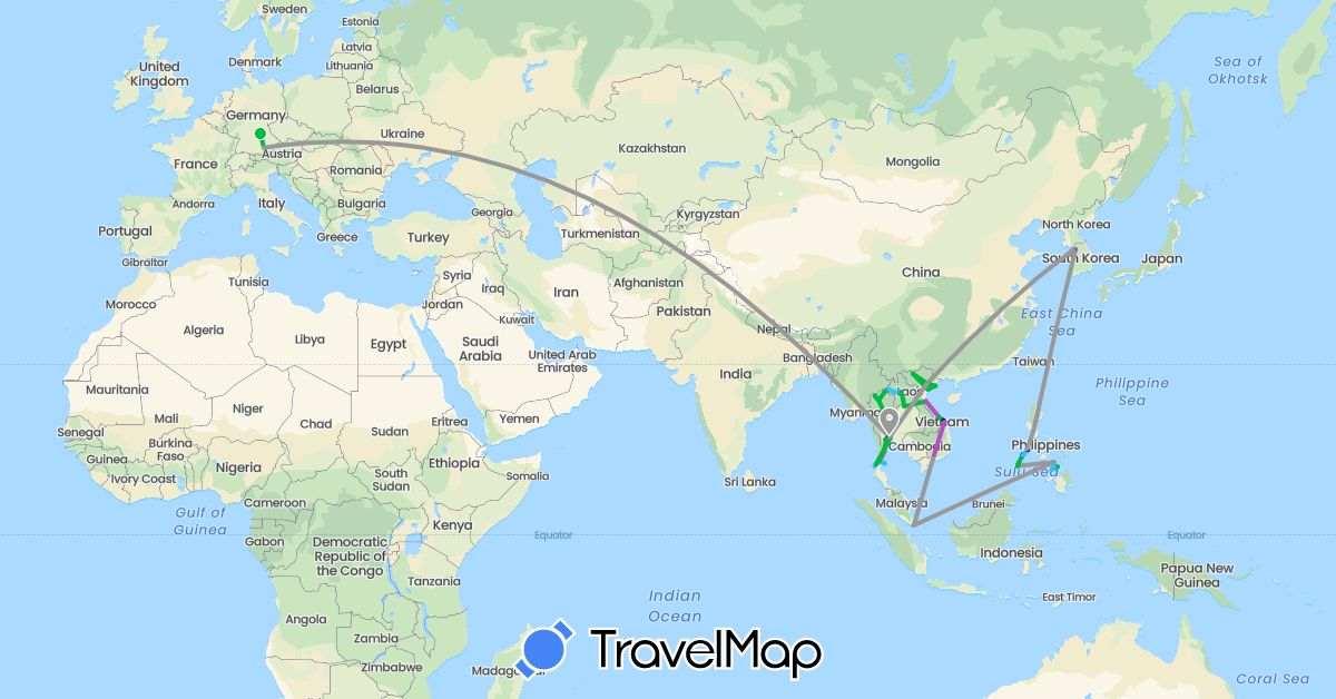 TravelMap itinerary: driving, bus, plane, train, boat in Germany, South Korea, Laos, Philippines, Singapore, Thailand, Vietnam (Asia, Europe)